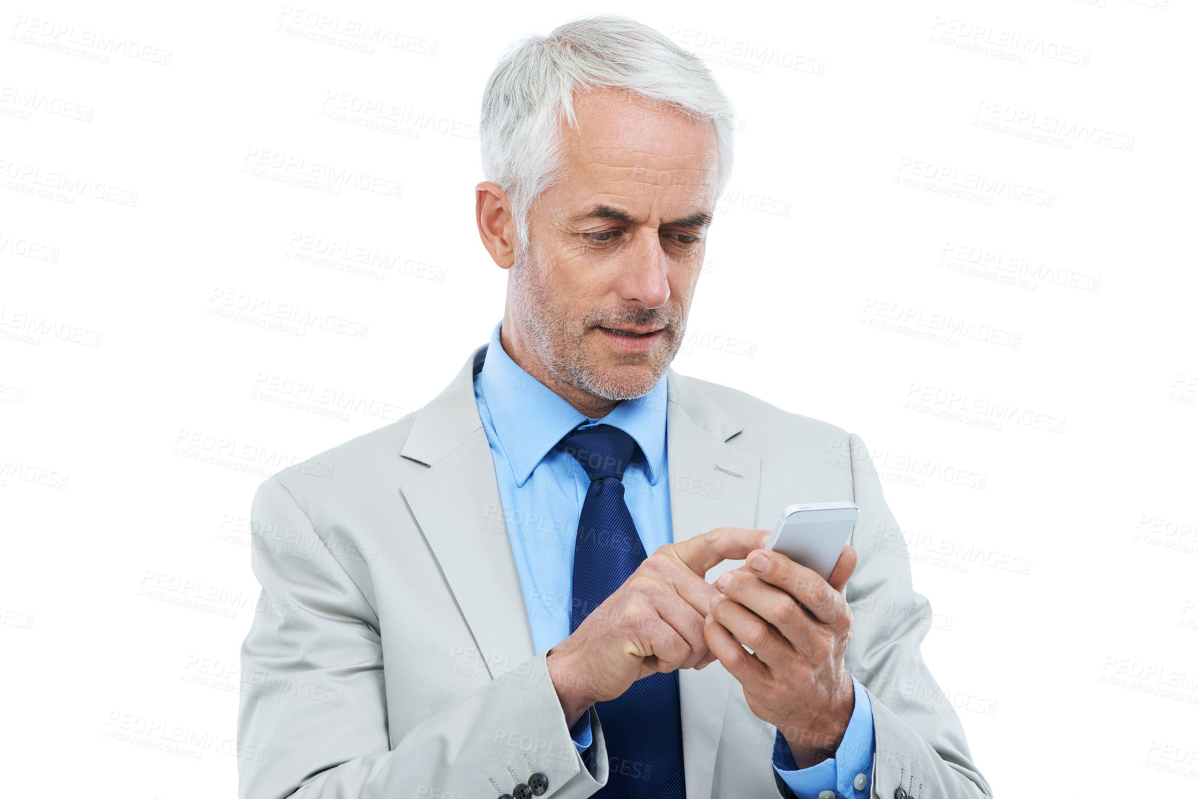Buy stock photo Phone, networking and senior businessman in studio reading corporate blog on the internet. Technology, manager and professional mature ceo scroll on mobile app with cellphone by white background.