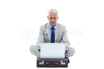 Buy stock photo Studio, mature businessman and working on laptop in mockup, briefcase and reading of corporate  communication. Senior accountant, typing or technology for connection or network by white background