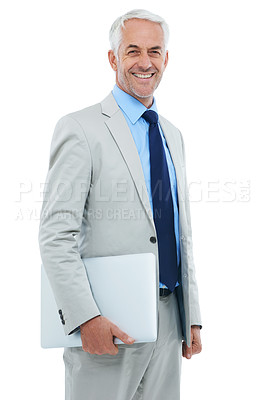 Buy stock photo CEO, portrait and happy businessman with laptop in studio isolated on a white background. Senior, manager and smile of professional on computer, lawyer and executive boss with technology in Canada