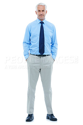Buy stock photo Studio, portrait or businessman for confidence in suit and professional worker with hands in pocket. Mature accountant, face or pride in career in corporate clothes or positive by white background