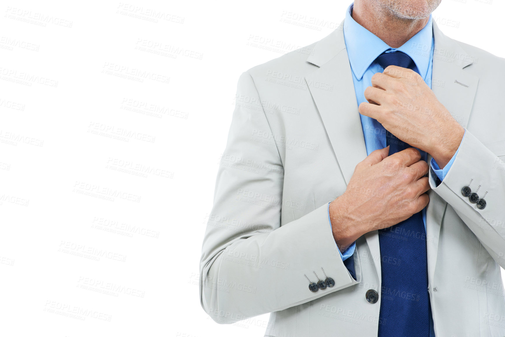 Buy stock photo Suit, hands and businessman fix tie in studio isolated on white background mockup space. CEO, professional and adjust necktie for preparation, correction and lawyer getting ready in formal clothes