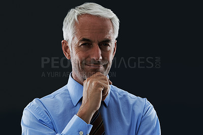 Buy stock photo Confident, portrait and mature businessman or lawyer in black background, studio and mockup. Professional, attorney and pride as corporate legal advisor and consultant of law for business decision