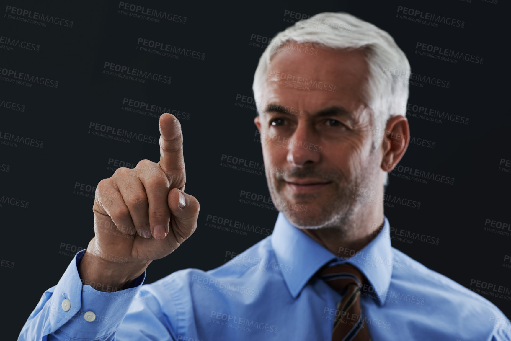 Buy stock photo Business man, finger and digital interface for choice isolated on a black studio background. Touch, professional and hand gesture on screen, click and future innovation of technology for senior CEO