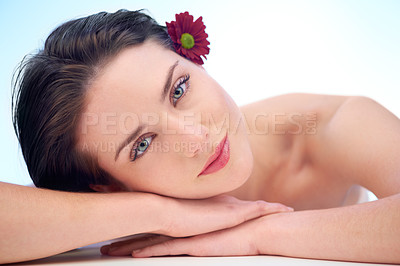 Buy stock photo Portrait, skincare or woman with beauty, skincare or natural glow relaxing while isolated on studio background. Model, face and wellness with dermatology, cosmetics and facial products with flower