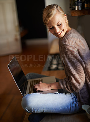Buy stock photo Remote work, laptop and happy woman in a house for research, planning or web communication. Freelance, smile and female person in living room with social media, blog or copywriting, project or task