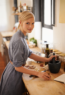 Buy stock photo Cooking, woman and ingredients with portrait in a home with diet, nutrition and healthy food with smile. Kitchen, bowl and happy from organic and vegan lunch with mushroom and board with wellness