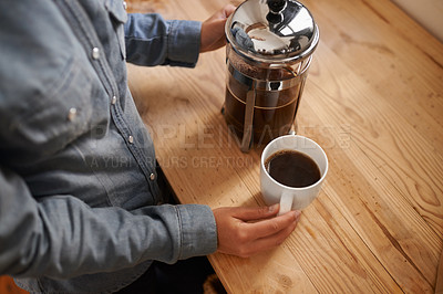 Buy stock photo Hands, coffee plunger and barista in cafe, process and professional service in small business. Closeup, ground and waiter prepare espresso drink, port a filter or cappuccino beverage in shop 