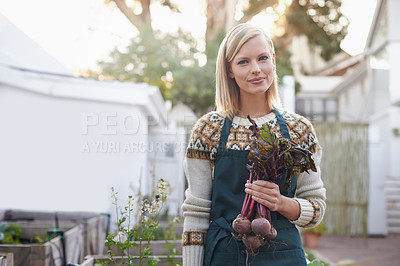 Buy stock photo Happy, woman and vegetable with portrait and beetroot in backyard with sustainability. Green, eco friendly and outdoor with healthy growth and a relax gardener with plant nursery and agriculture