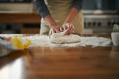 Buy stock photo Hands, dough and flour on kitchen counter at bakery, bread or pizza with meal prep, catering and cooking. Culinary, chef or baker person with pastry preparation, ingredients and food for nutrition