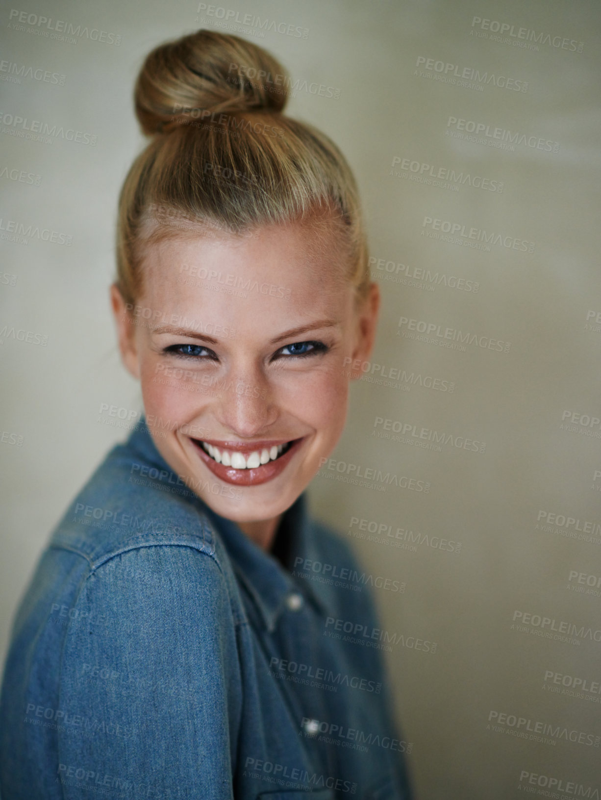 Buy stock photo Portrait, woman and smile in studio with fashion, style and denim with laugh. Female person, happy and background with shirt, retro and casual look for beauty and trendy hipster aesthetic 