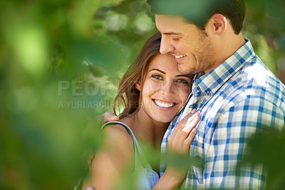 Buy stock photo Portrait view, of a happy young couple hug, nature out in the park and bonding outdoors. Love, relationship and travel with romantic partners, getaway date for holiday summer and laughing in Rome