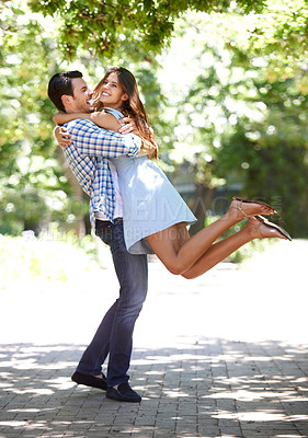 Buy stock photo Man, woman and hug spin or outdoor or fun relationship in park for summer partnership, together or laughing. Happy couple, embrace and love with trees or nature adventure in marriage, date or bonding