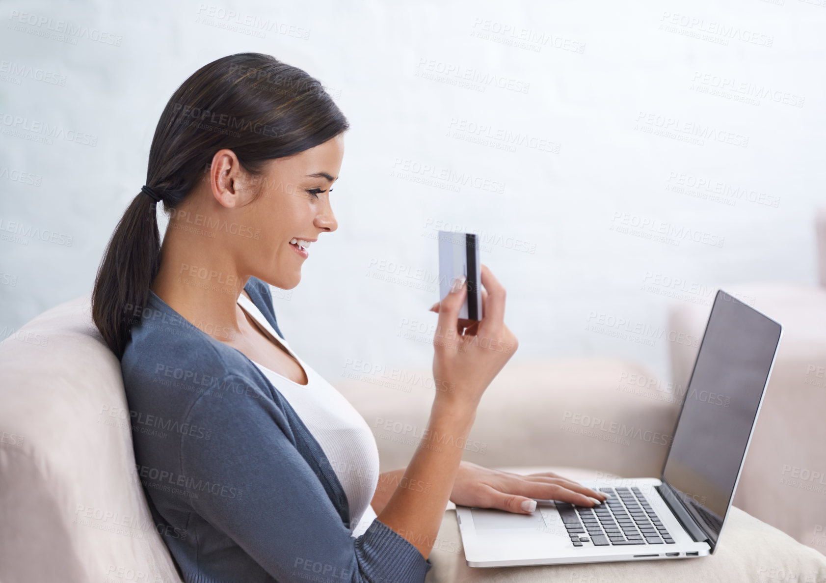 Buy stock photo Woman, laptop and credit card with living room, online shopping and ecommerce. Blogger, computer and payment for review or sales and blog for retail, technology and sofa with smiling customer