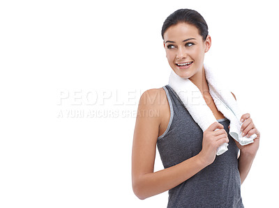 Buy stock photo Happy, smile and woman with a towel, fitness and confident girl isolated on white studio background. Mockup space, person and model with wellness or healthy with exercise and training with sportswear