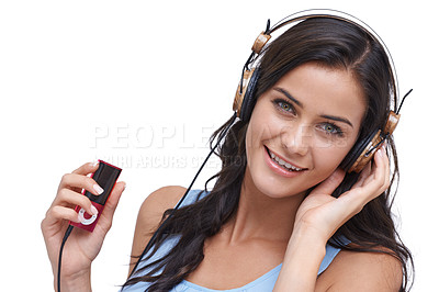 Buy stock photo Woman, studio and portrait with headphones, technology for music and audio on white background. Happy model, electronics and smile with sound, hearing or listening for celebration and hip hop