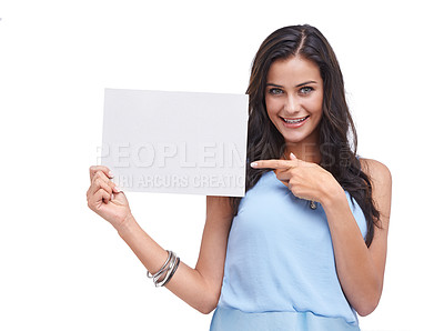 Buy stock photo A cute brunette holding up a blank sign - isolated