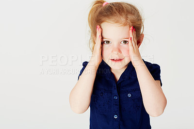 Buy stock photo Portrait, fashion and shocked girl child in studio on white background with space for kids style. Face, surprise and mind blown with adorable youth in clothes for children to model trendy outfit