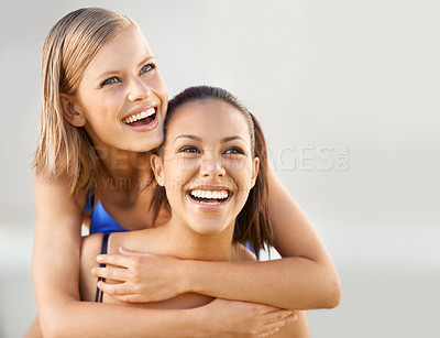 Buy stock photo Friends, women and face or happy with piggyback for bonding, vacation and adventure outdoor with mockup space. People, relax and support in nature for holiday, travel and embrace with smile in summer