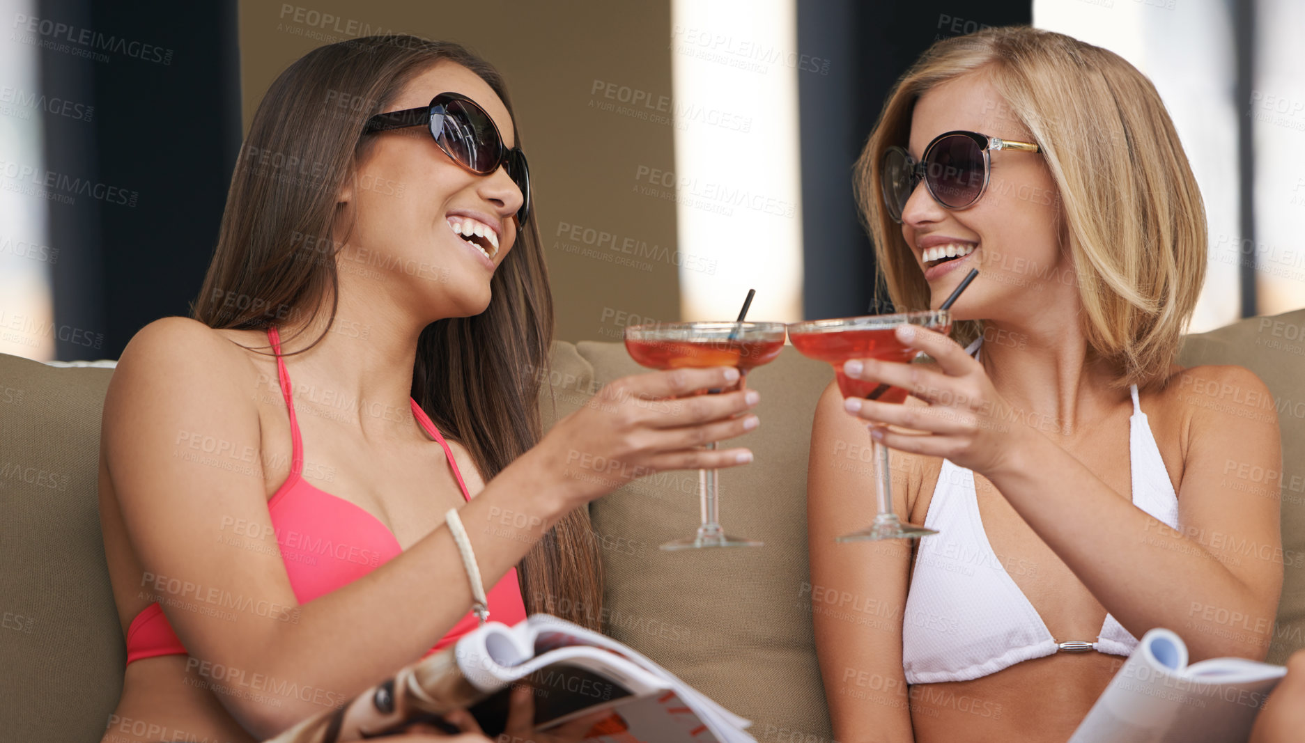 Buy stock photo Friends, women and toasting with alcohol at hotel, celebration and drinking wine on tropical vacation. People, happy and cheers with cocktail on summer holiday, weekend trip and travel to resort