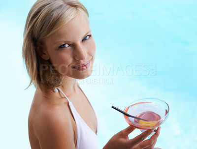 Buy stock photo Smile, portrait and woman at pool with cocktail, sunshine and travel for summer holiday at hotel. Relax, water and face of happy girl on luxury vacation with drink, weekend and swimming in high angle