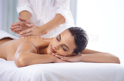 Buy stock photo Relax, woman and hands massage body for skincare, beauty and pampering back for wellness at luxury salon. Therapist, table and person at spa for treatment, peace and calm for health with masseuse