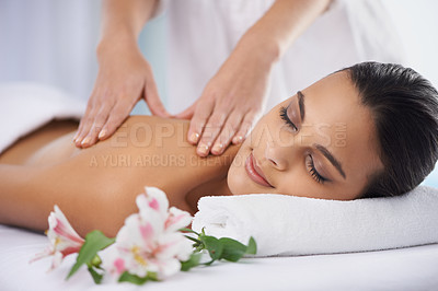 Buy stock photo Cropped shot of a beautiful young woman relaxing during spa treatment