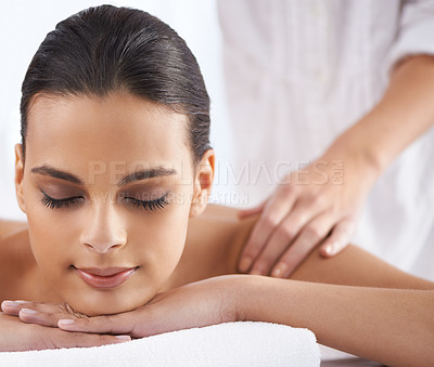 Buy stock photo Spa, massage and wellness of a woman, peace and weekend break with health therapy for zen treatment. Body care, relaxing and skin session of a customer feeling calm with vacation and getaway trip