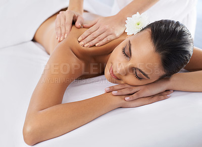 Buy stock photo Woman, back massage and body treatment for healing, wellness and muscle therapy for bodycare. Female person, masseuse and health by dermatology, calm and resting at resort hotel and peace or zen