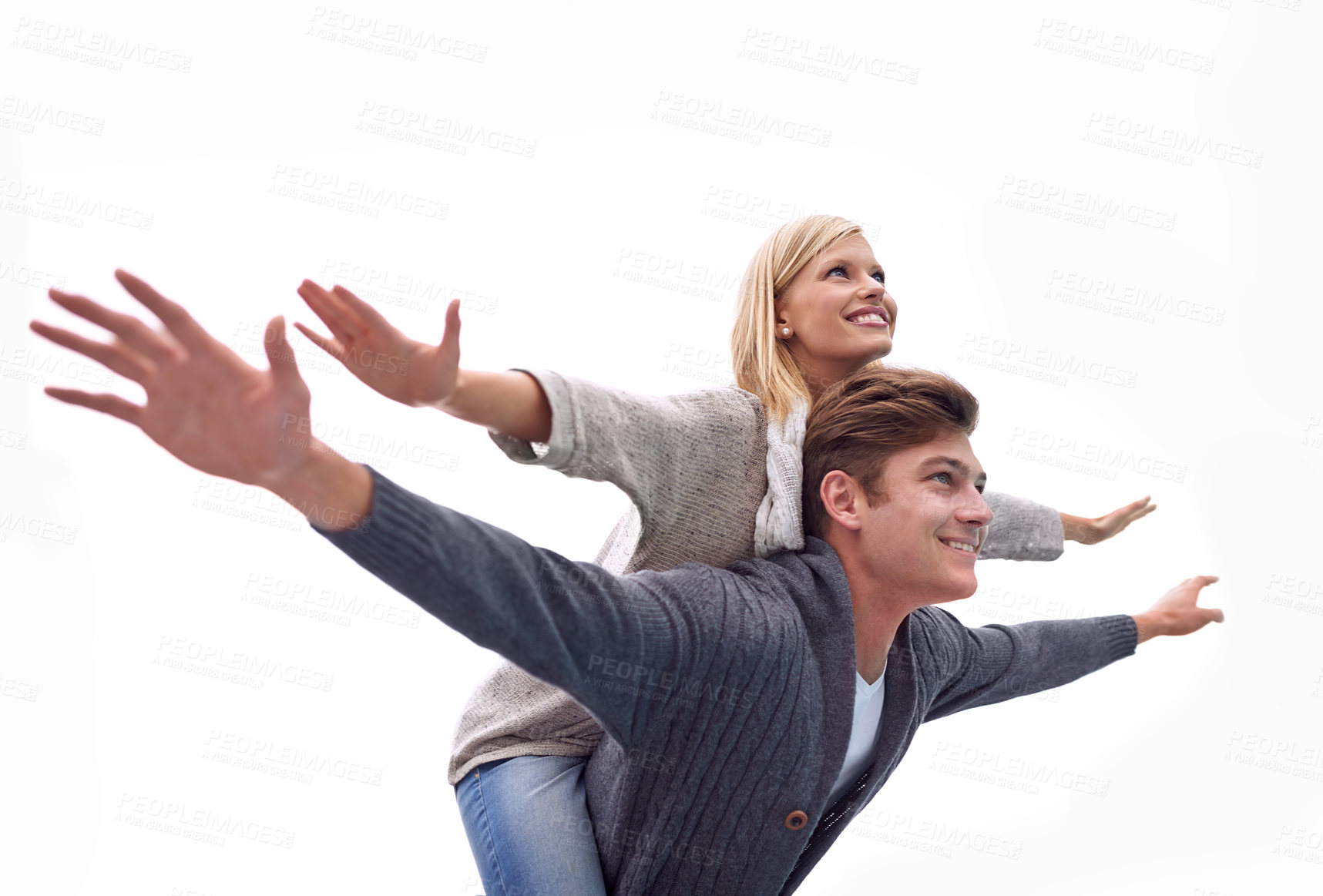 Buy stock photo Couple, piggy back and airplane with arms, smile and funny game with care for connection with bonding outdoor. Man, woman and playful with plane, wings or flight for freedom on journey for vacation