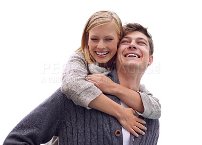 Buy stock photo Couple, piggy back and outdoor with hug for smile together on vacation, walk and adventure. Man, woman and embrace with care, bonding and holiday with love by sky for memory on Valentines Day date