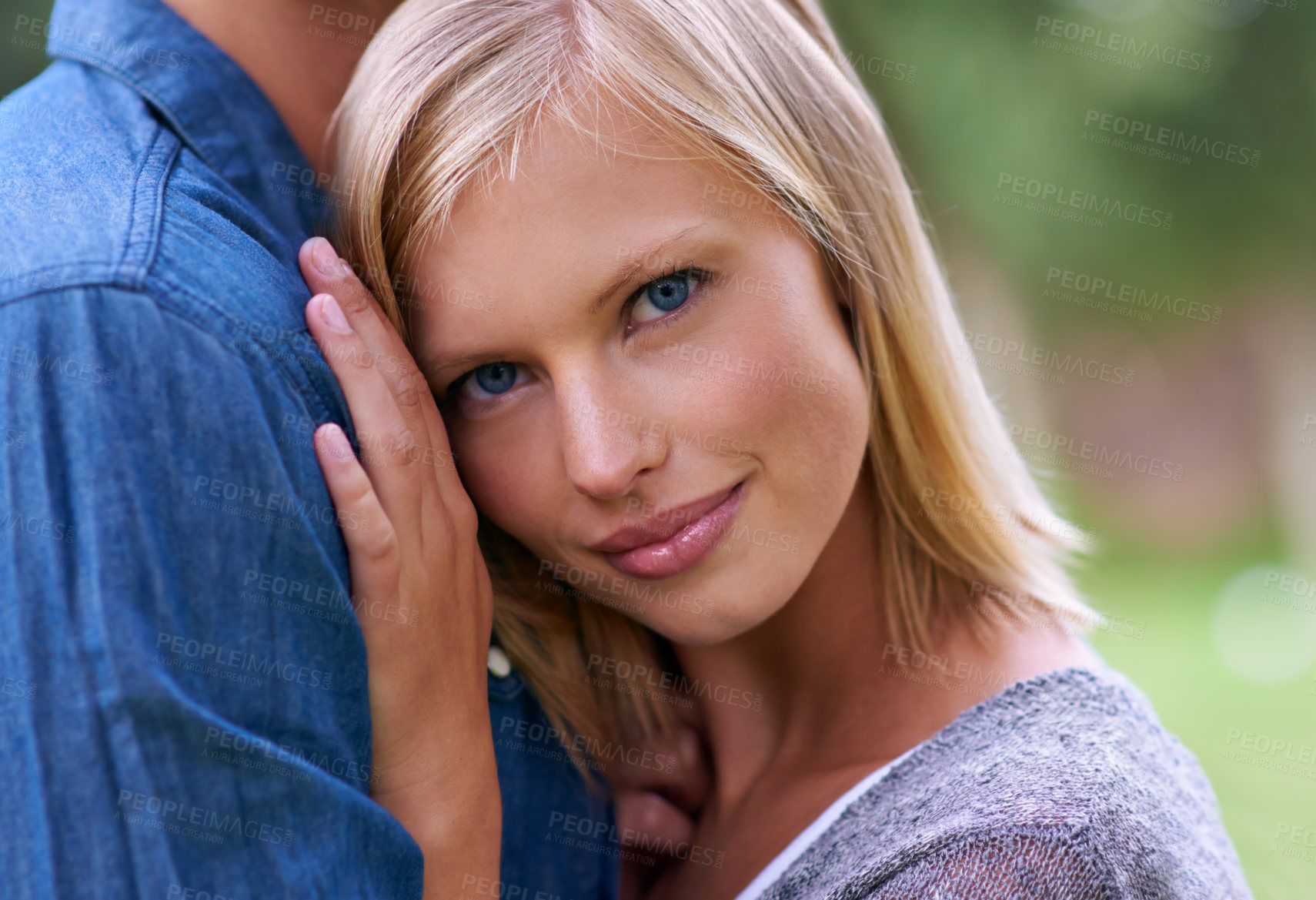 Buy stock photo Portrait, love and couple with face on chest outdoor in garden, park or nature closeup for dating. Anniversary, honeymoon or romance with young woman and boyfriend closeup for summer vacation
