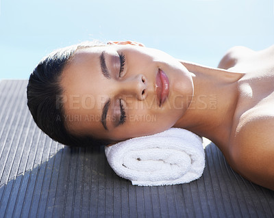 Buy stock photo Sleeping, pool or face of woman in spa for wellness, tanning or hospitality in summer for sunshine. Calm peace, relax or zen female person in hotel on holiday vacation for beauty therapy or vitamin d