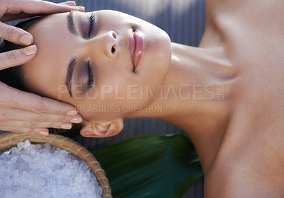 Buy stock photo Sleeping, head massage or hands with woman in spa for wellness, treatment or hospitality. Peace, smile or salon with female person, client or masseuse in hotel on holiday vacation for beauty therapy
