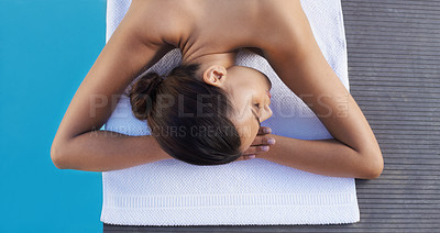 Buy stock photo Relax top view or woman in spa ready for luxury treatment, facial skincare or beauty for wellness. Calm peace, healing therapy or zen female client on towel to start massage, detox or chemical peel