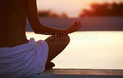 Buy stock photo Back, yoga and hands meditate at sunset by swimming pool for healthy body, wellness and zen outdoor on mockup space. Rear view, lotus pose and person by water at twilight to relax, peace and calm