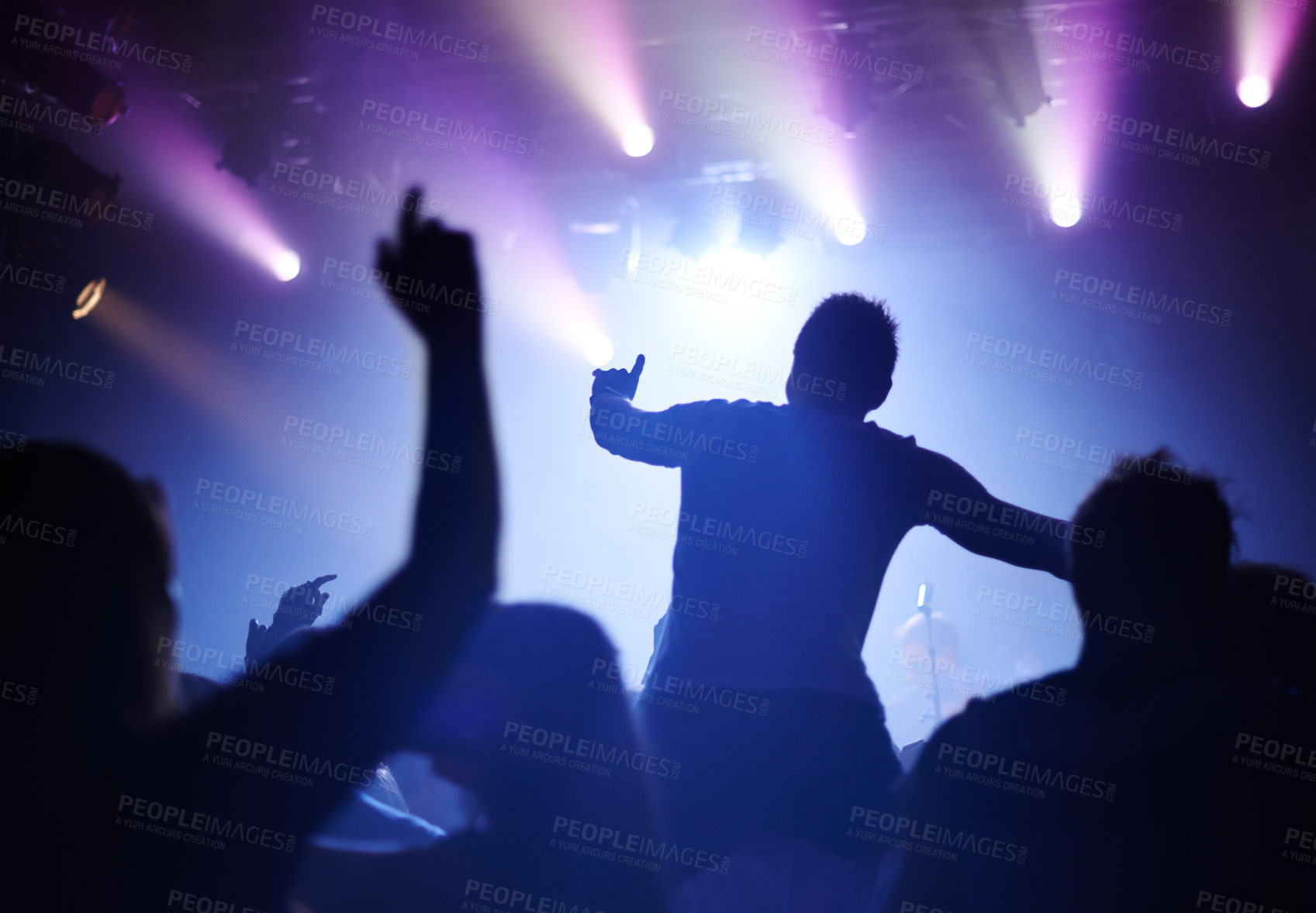 Buy stock photo Rock concert, dance and party crowd with disco lighting and people back with dancing. Silhouette, audience and night festival event with performance and group listening and watching a band music