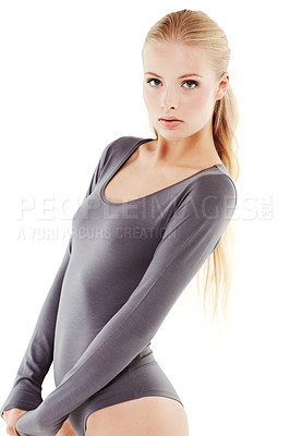 Buy stock photo Style, portrait and woman in leotard in studio for creative, art and ballet dancing entertainment. Confidence, beauty and serious female dancer in body suit for ballerina fashion by white background.