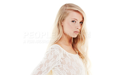 Buy stock photo Serious, woman and portrait with makeup for beauty, skincare or dermatology in mockup. Studio, model and girl with cosmetics on skin or hair for natural glow with confidence on white background