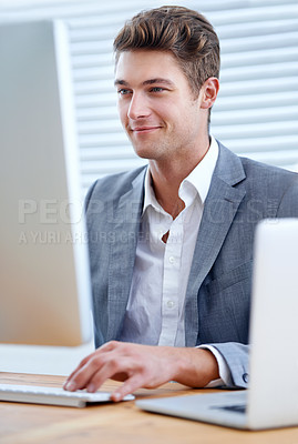 Buy stock photo Businessman, laptop and computer with office, workspace and technology for work. Employee, corporate and desktop for accounting, business and review with research for planning or information