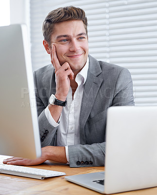 Buy stock photo Employee, laptop and computer with office, workspace and technology for work. Businessman, corporate and desktop for accounting, business and research with productivity for planning or portfolio