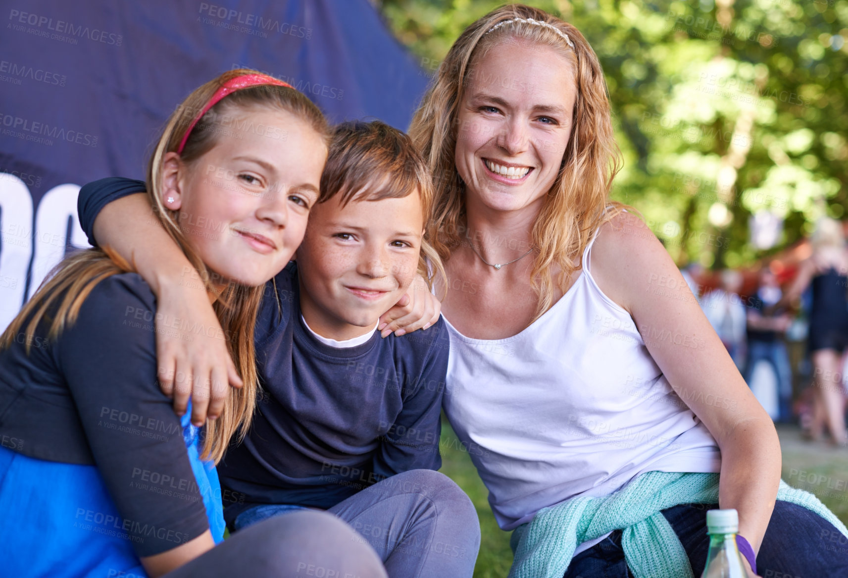 Buy stock photo Happy, festival and camping with portrait of family for music, techno and concert performance, Smile, celebration and bonding with woman and children in nature for summer, carnival and event
