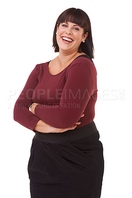 Buy stock photo Happy woman, portrait and friendly brunette with arms crossed in fashion on a white studio background. Face of excited or confident female person or plus size model with smile in formal clothing