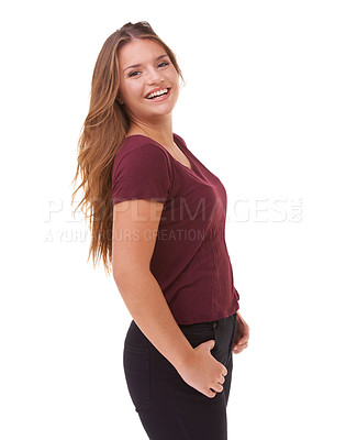 Buy stock photo Happy, style and portrait of woman in studio with stylish, casual and trendy outfit and makeup. smile, confident and beautiful female person with classy fashion and cosmetic face by white background.