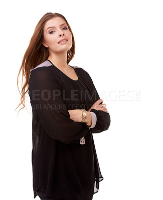 Buy stock photo Fashion, beauty and portrait of woman in studio with stylish, casual and trendy outfit and makeup. Smile, confident and beautiful female person with classy style and cosmetic face by white background