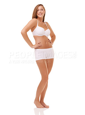Buy stock photo Full length studio shot of a young model in underwear isolated on white