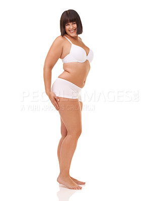 Buy stock photo Full length studio shot of a young model in underwear isolated on white