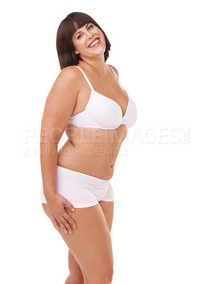 Buy stock photo Portrait, health and underwear with natural woman n studio isolated on white background for body positive wellness. Fitness, beauty or aesthetic and plus size model looking confident with exercise  