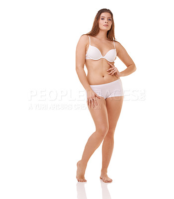 Buy stock photo Full length studio shot of a young model in underwear isolated on white