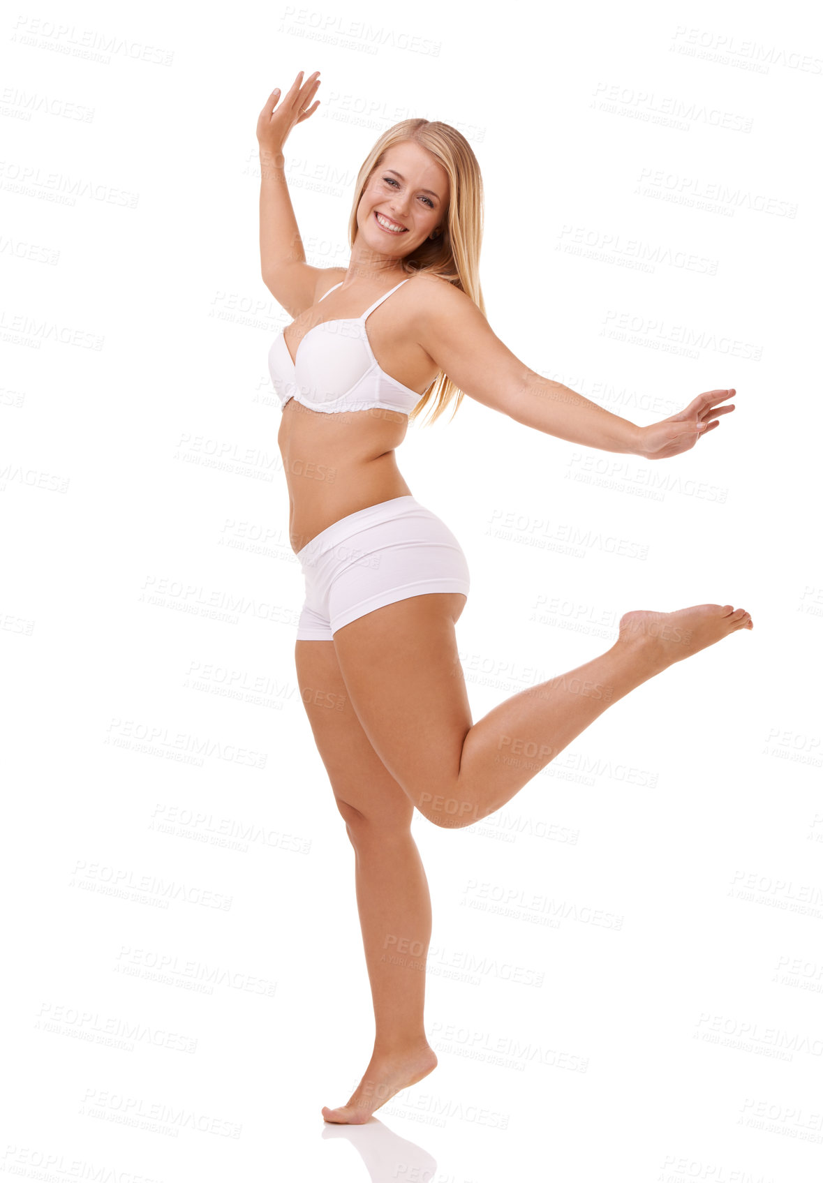 Buy stock photo Full length shot of a playful underwear model isolated on white