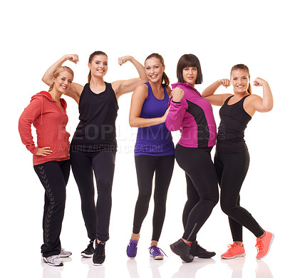 Buy stock photo A group of excited women of different body shapes standing isolated on white while wearing sportswear